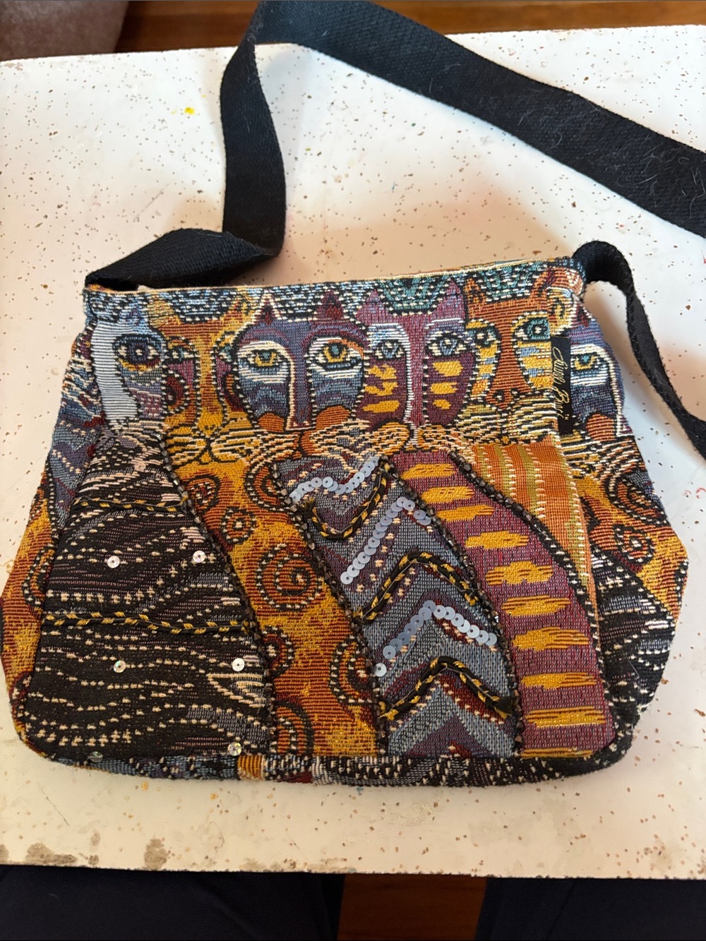 Laurel Burch crossbody cat featured tapestry bag